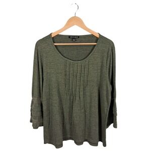 Cable & Gauge Olive Green Knit Top Bell Sleeve Pleated Blouse XL Peasant Lace‎